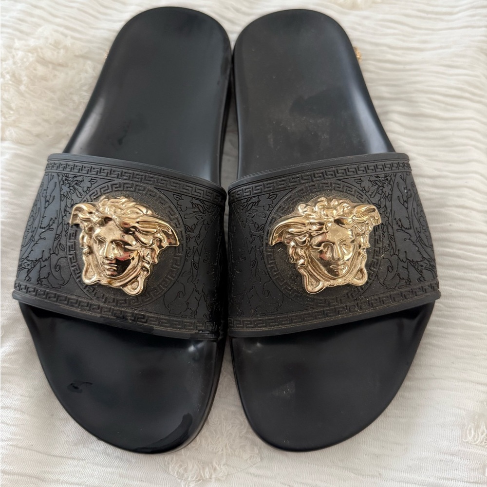 Black Slides with Gold Medusa Emblem